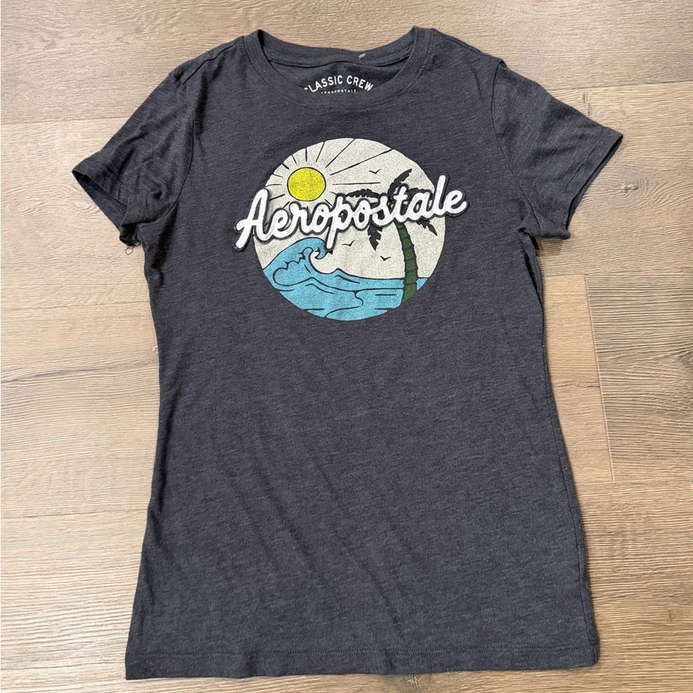 Aeropostale Beachy Coastal Wave Heather Grey Short Sleeve Graphic Shirt Y2K